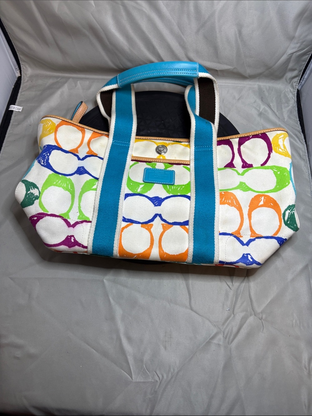 Canvas Tote Bag with Multicolor Print and Teal Straps